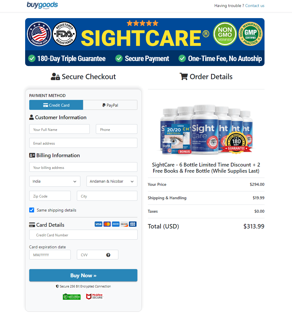 Sight Care Secured Order Page